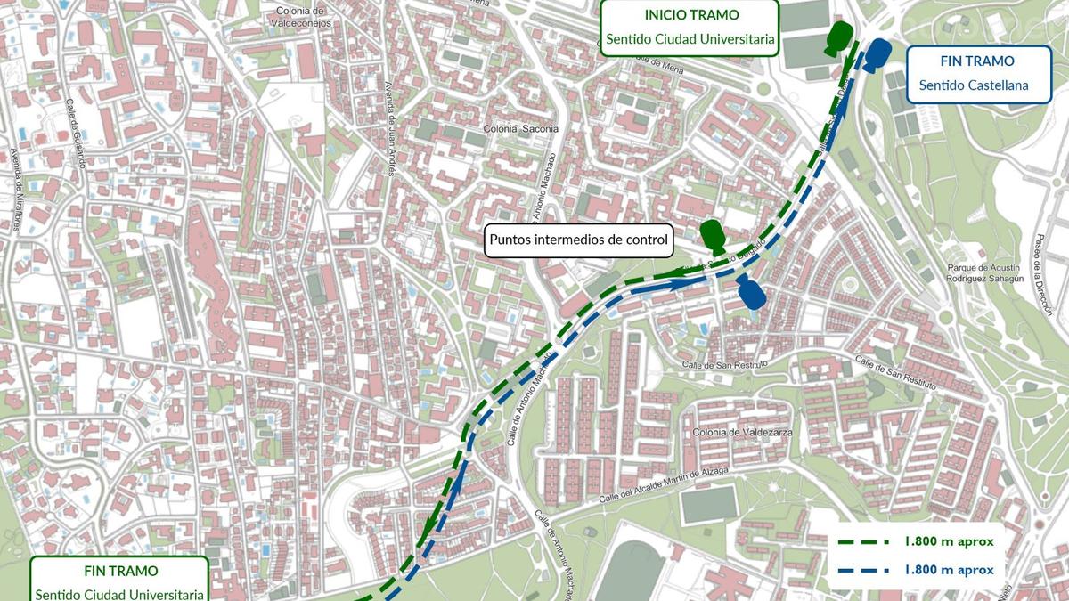 El nuevo radar de tramo de Sinesio Delgado en Madrid es el más largo de la capital con 1.800 metros.